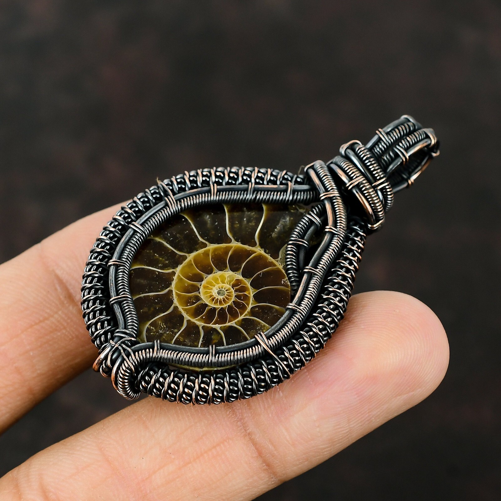 Ammonite Fossil Jewelry Copper Gift For Sister Wire Wrapped Pendant 2.56″