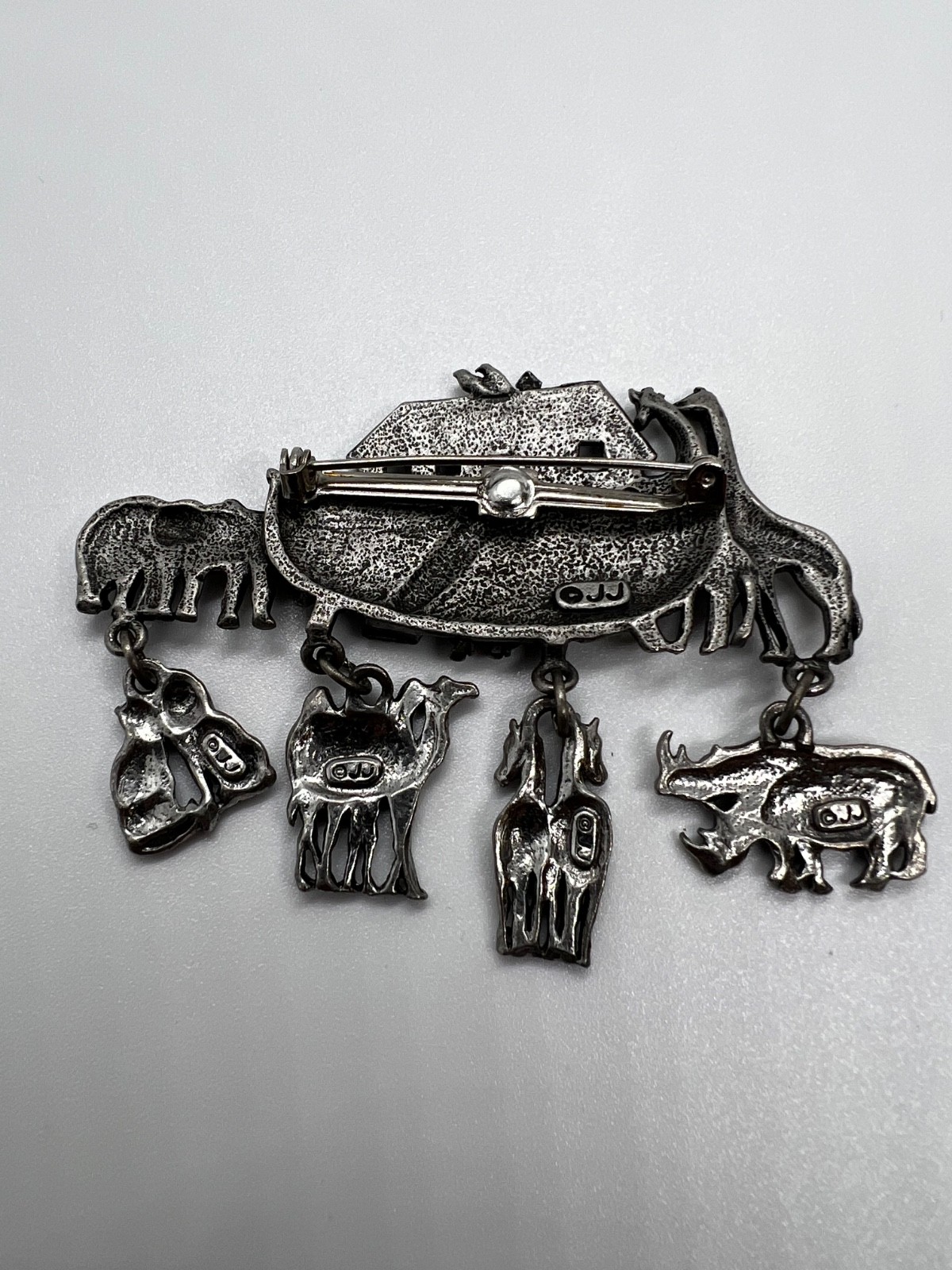 Vintage JJ Jonette Pewter Noah’s Ark Boat w/ Dangling Animals Brooch Pin