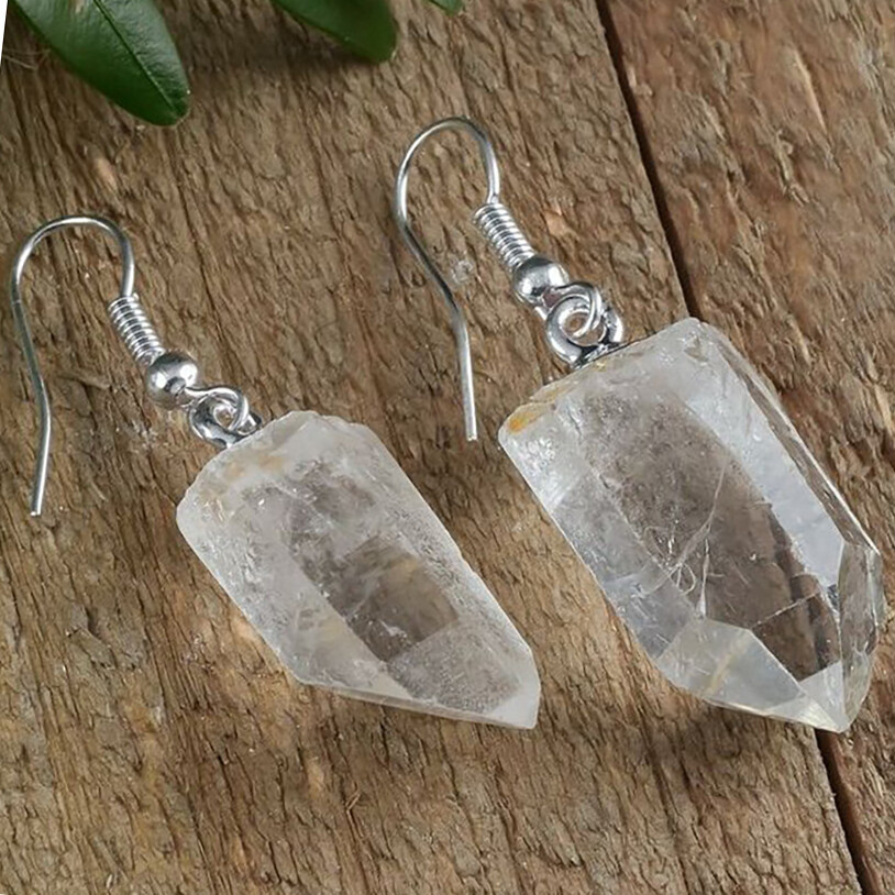 Quartz Earrings Raw Natural Crystal Point Silver Dangle Earring Hook Reiki Heal