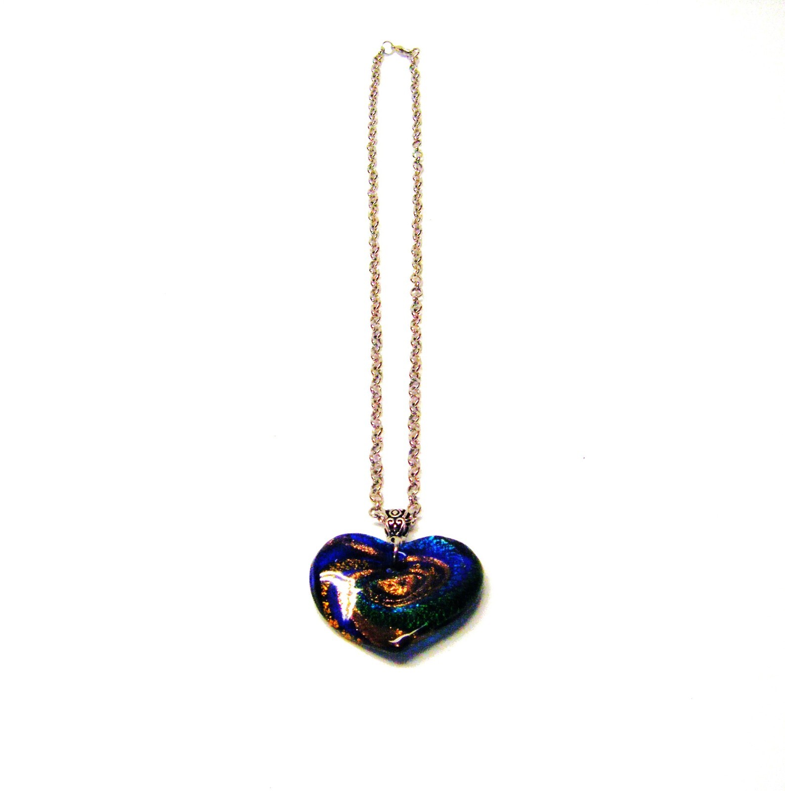 Blue/Green/Gold Dichroic Glass Heart Pendant Necklace
