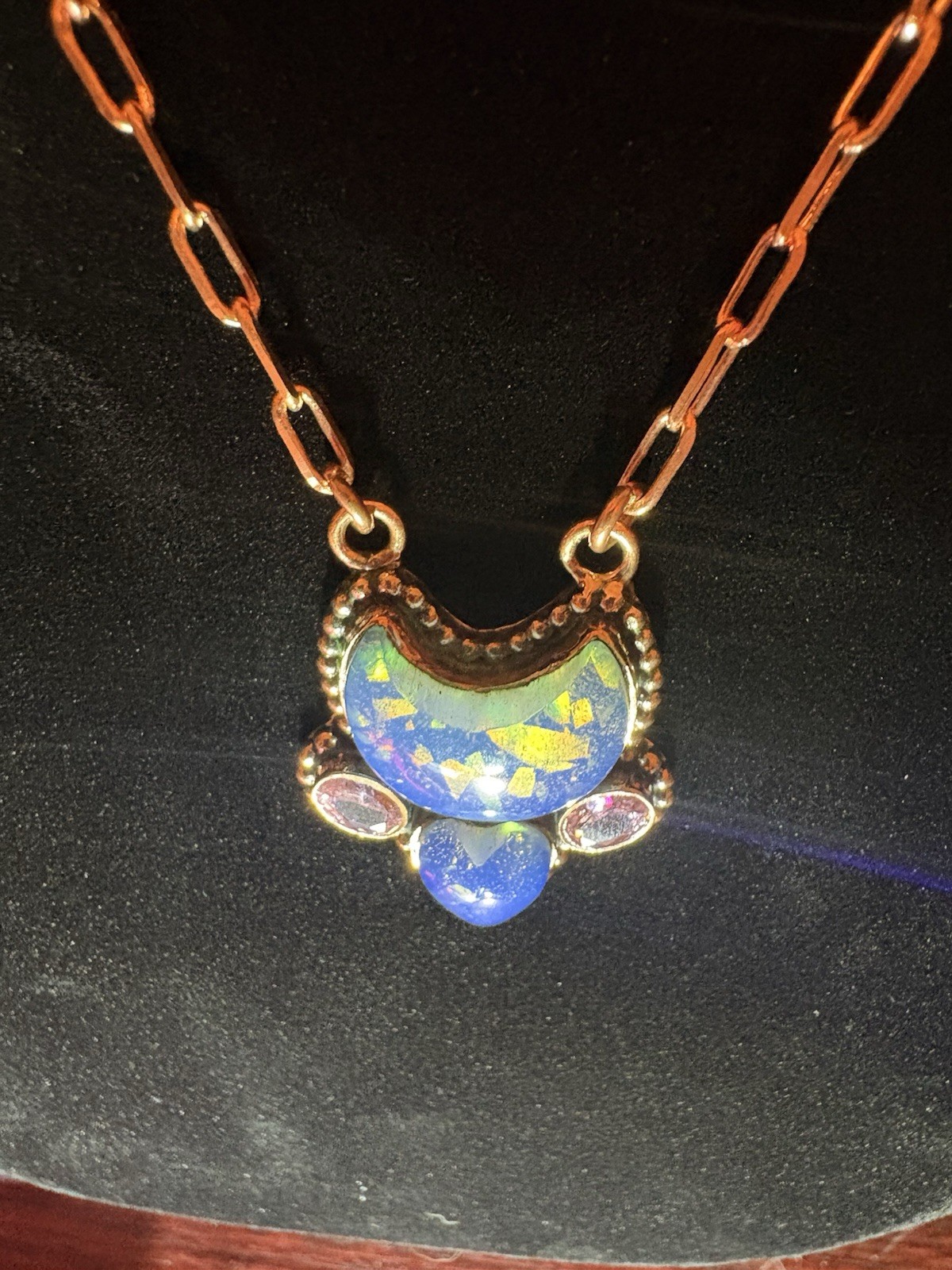 Copper Chain Necklace With Blue Crescent Moon Heart Doublet Opal & Cz Pendant