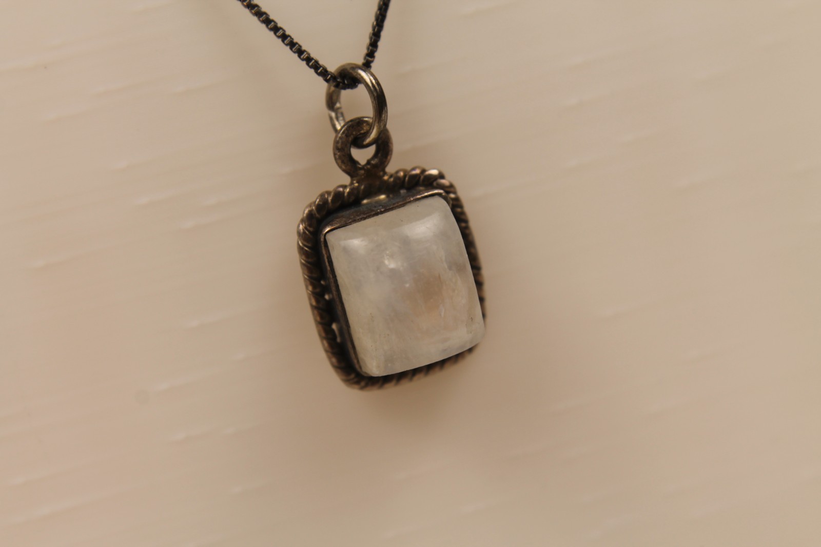Vintage Rectangular Moonstone Cabochon Sterling Silver Pendant & Chain
