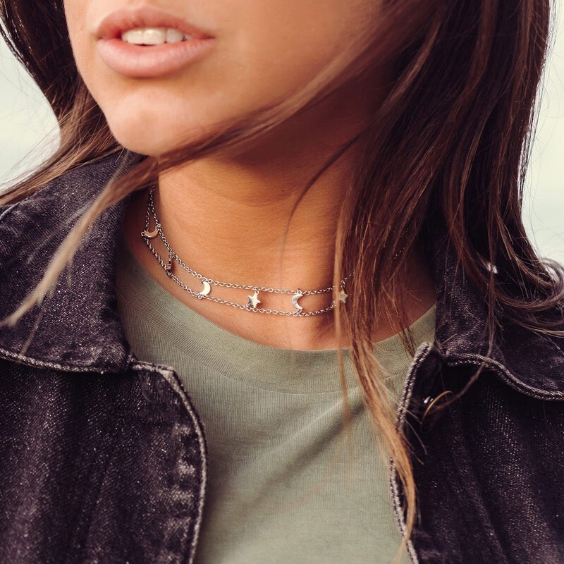 Pura Vida Cosmos Galaxy Moon Star Charms Choker Necklace Silver New