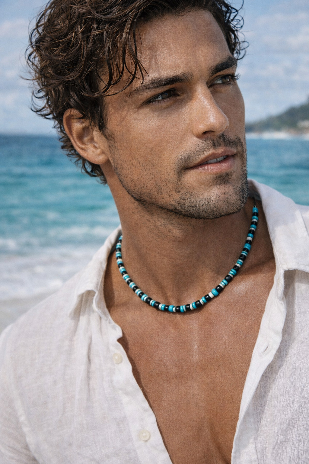 Puka Beaded Necklace Wooden Beads Gray Shell Unisex Black Blue Pink Yellow 16″