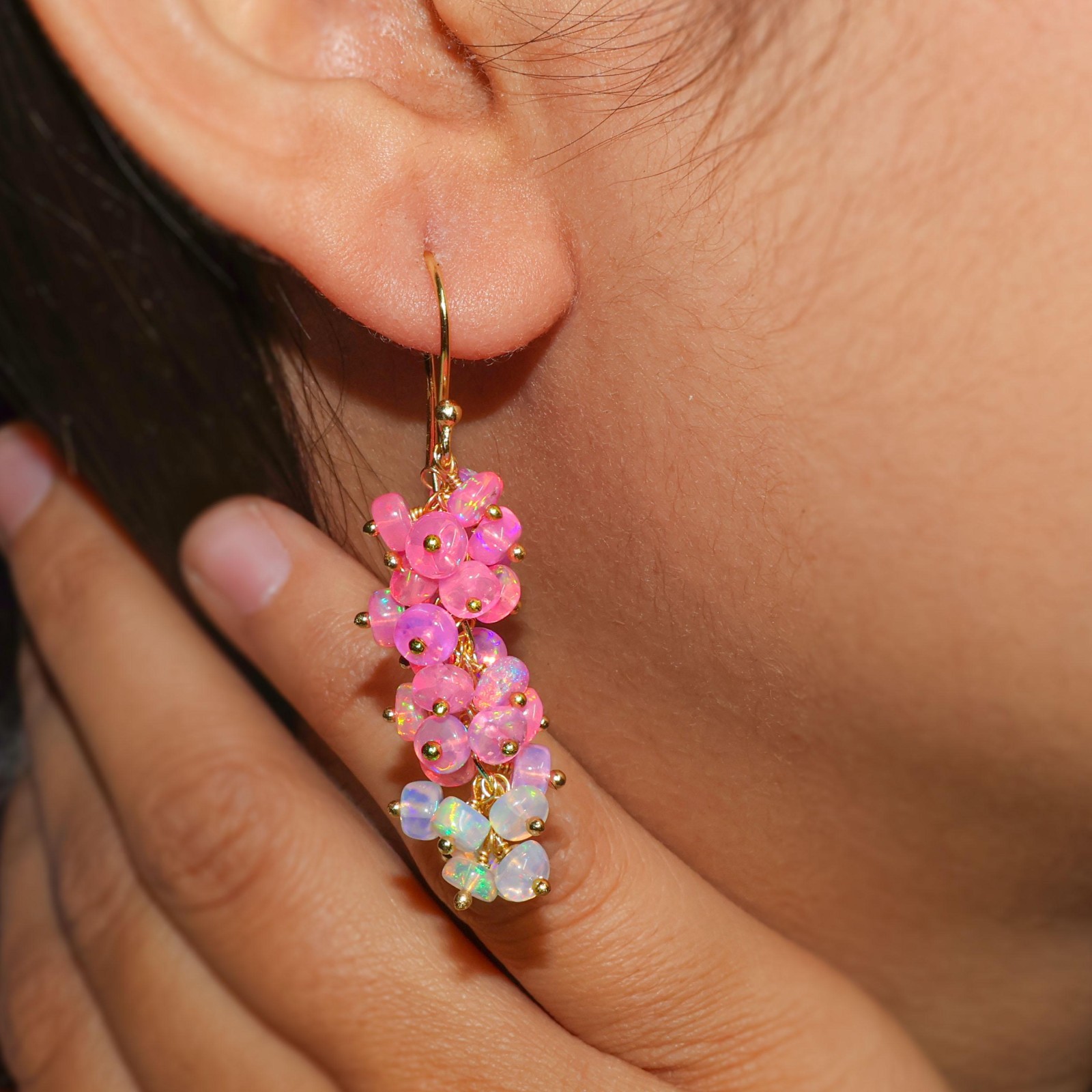 Pink and White Opal Beads Earring, Natural Opal Gemstone Cluster Earring for her