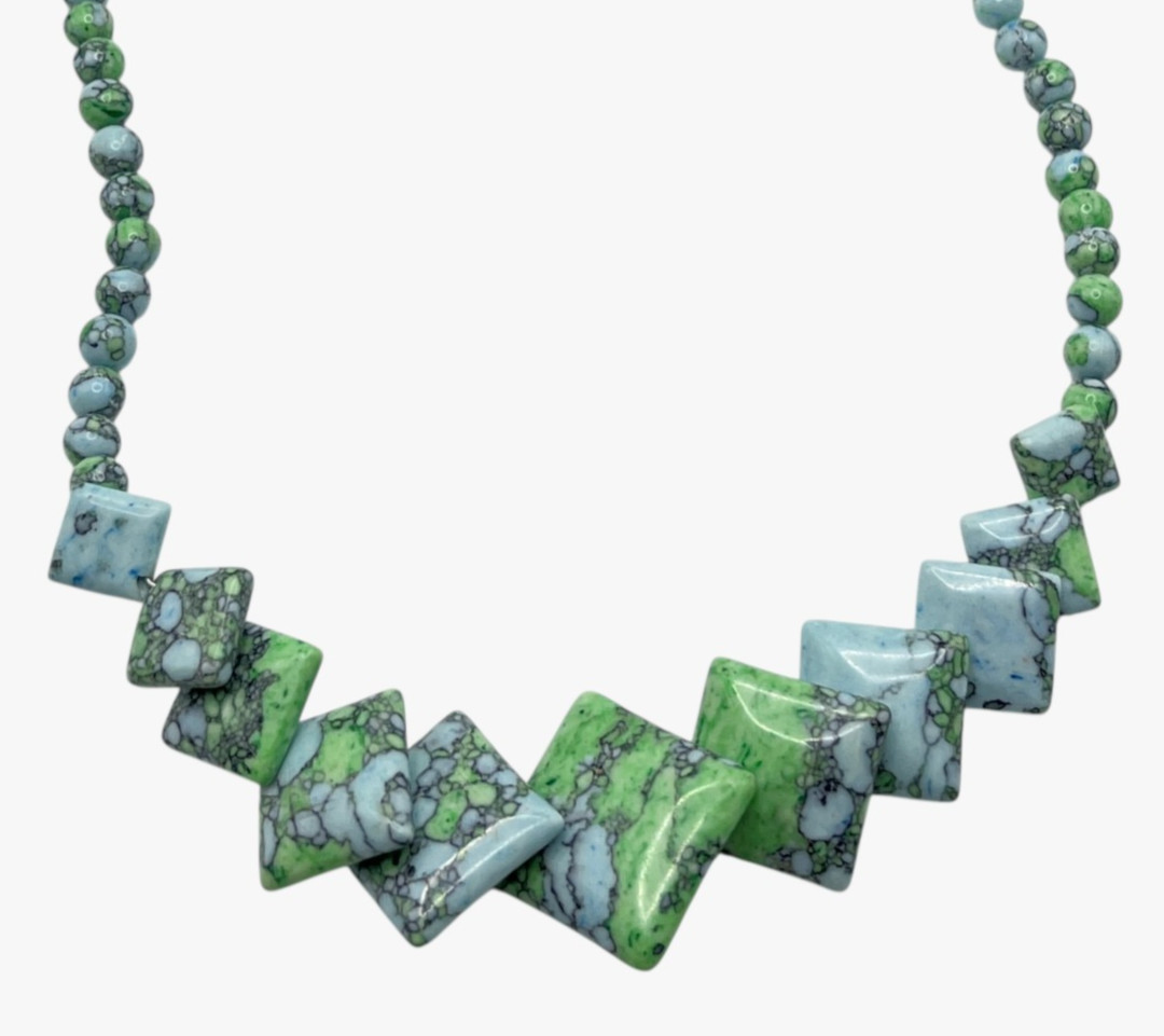 Blue Green Dyed Gemstone Bib Necklace Graduated Square Beaded 18″ Boho Southwest
