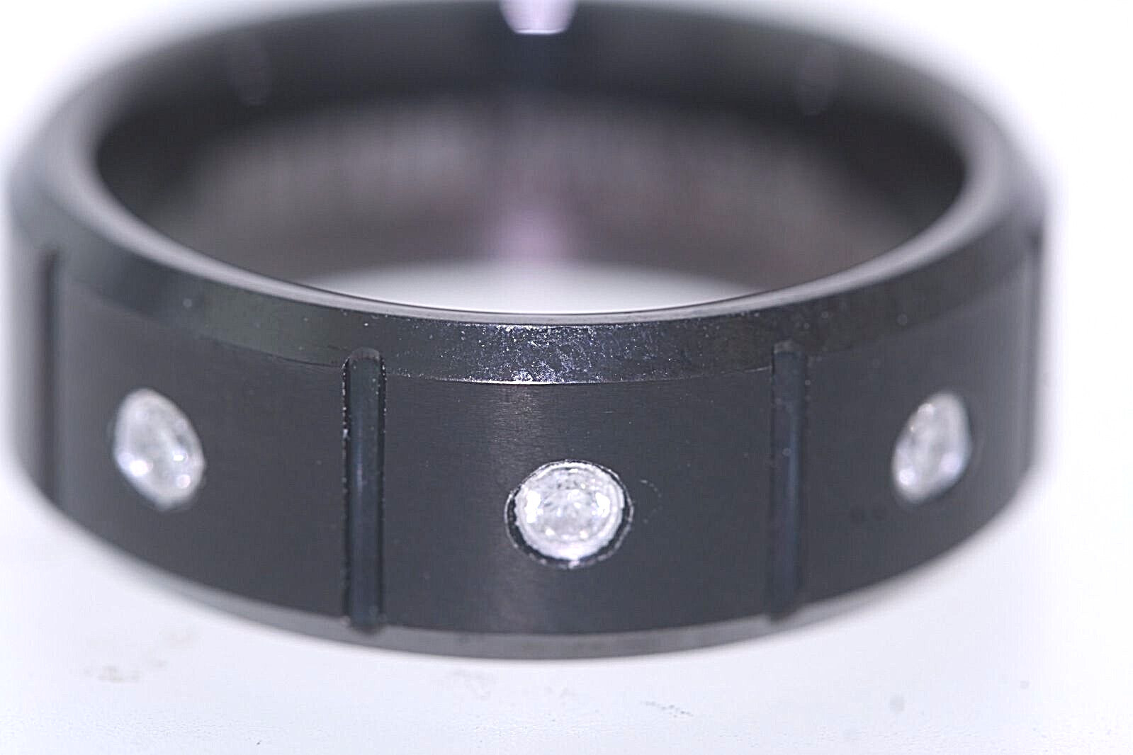 Triton 8mm Black Tungsten .12ctw 3 Diamond Accent Vertical Grooved Band Ring