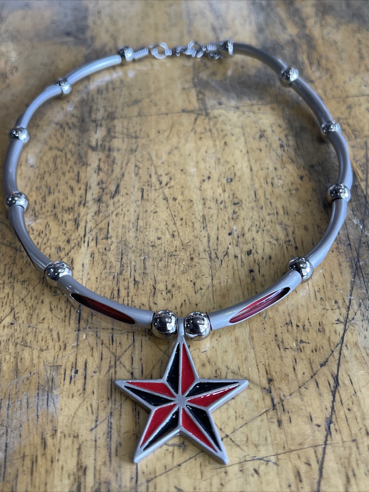 Retro Punk Red & Black Nautical Star Chocker Necklace: Adjustable To 18” Quality