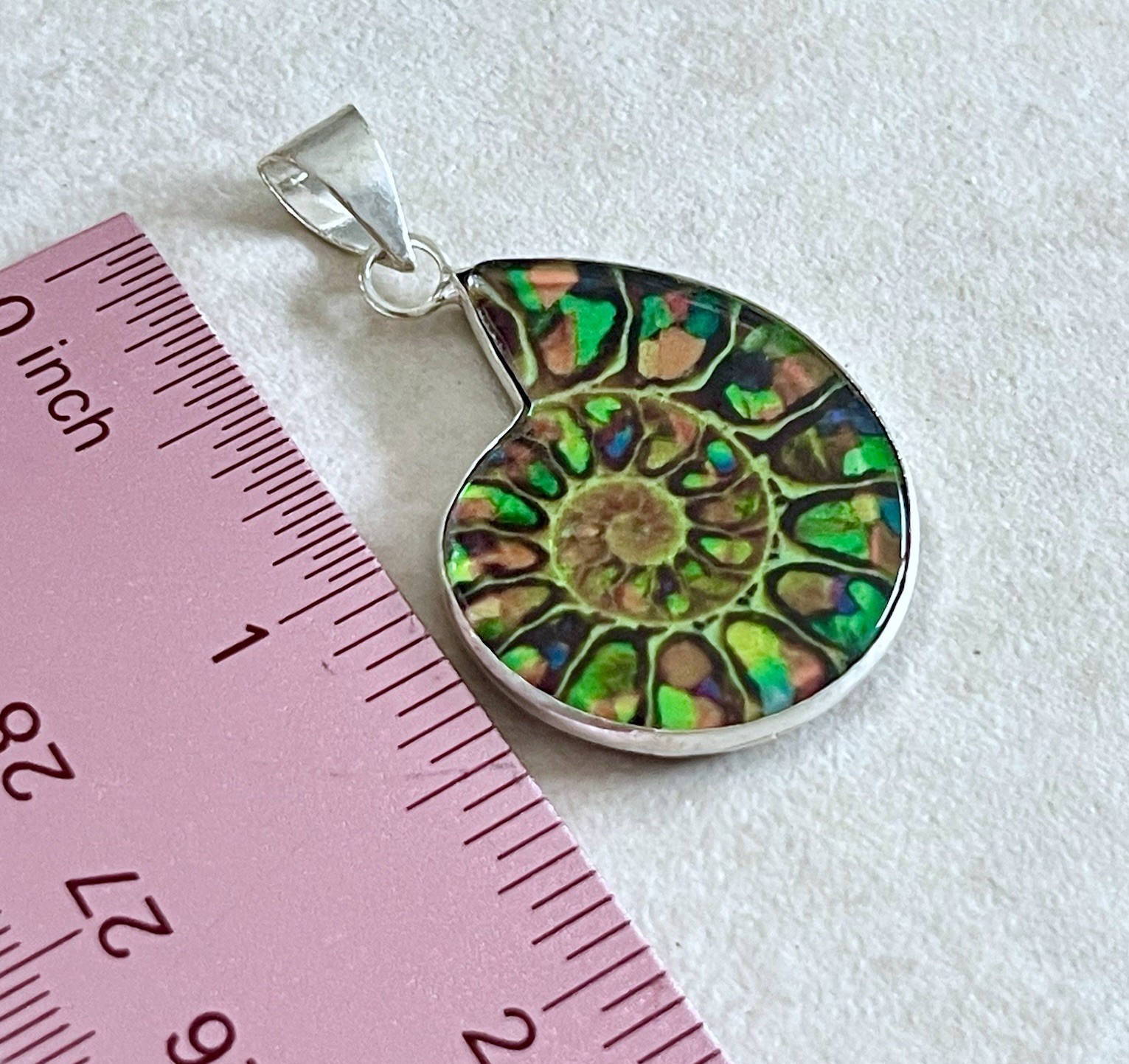 NATURAL TITANIUM AMMONITE FOSSIL GEMSTONE 925 STERLING SILVER PENDANT 1.5”