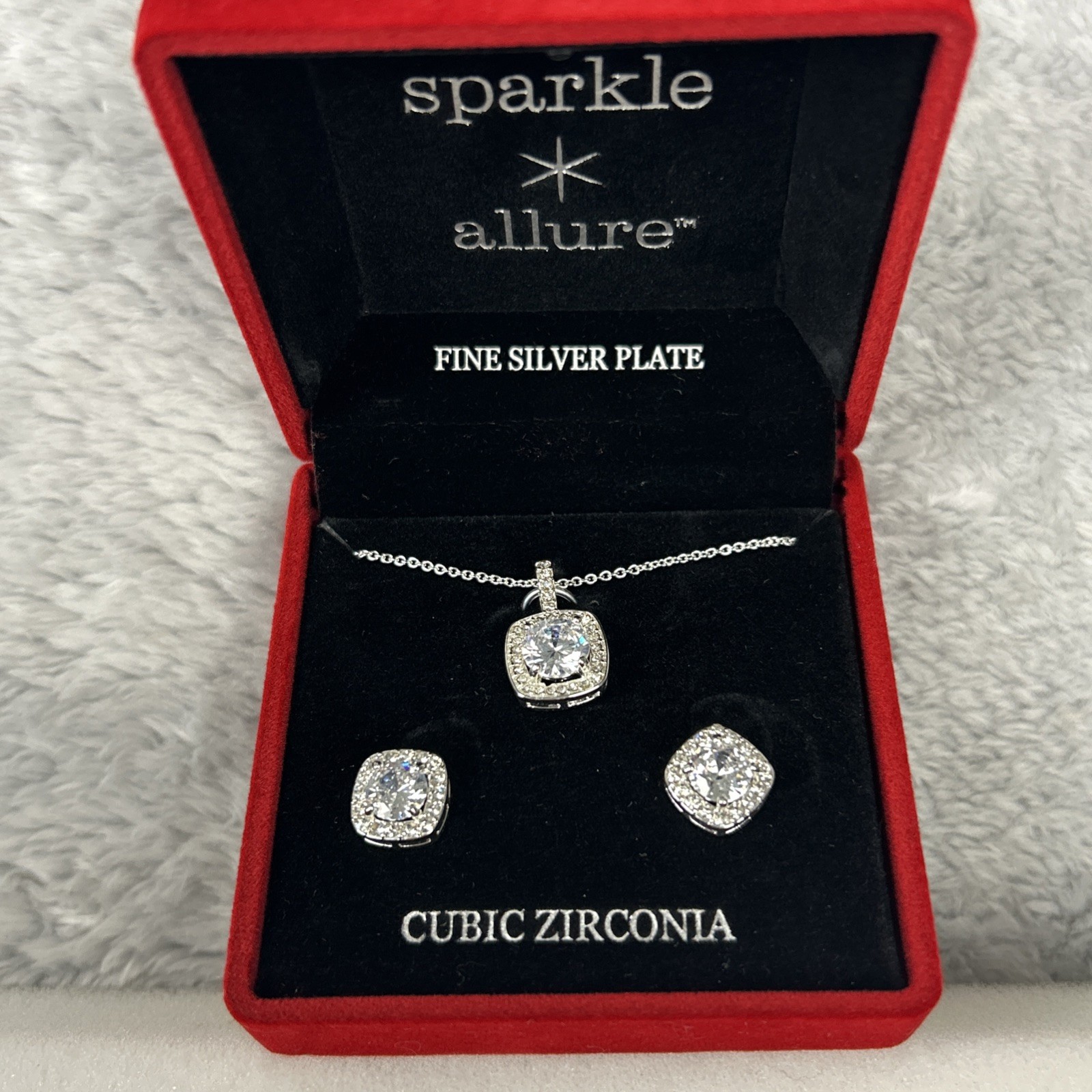 New Sparkle Allure Fine Silver Plate Cubic Zirconia Set Necklace and Earrings