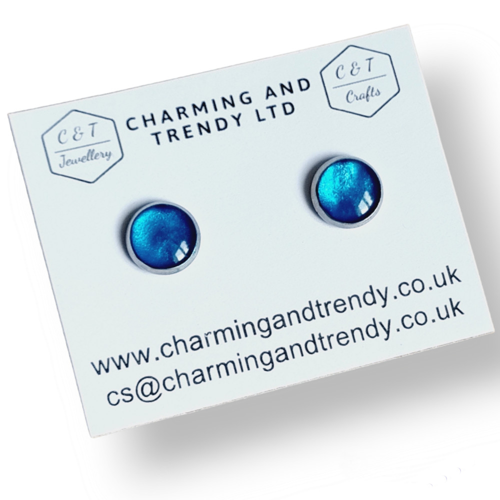 Coloured Sand & Resin Stainless Steel Round Stud Earrings – Sea Blue Pearl