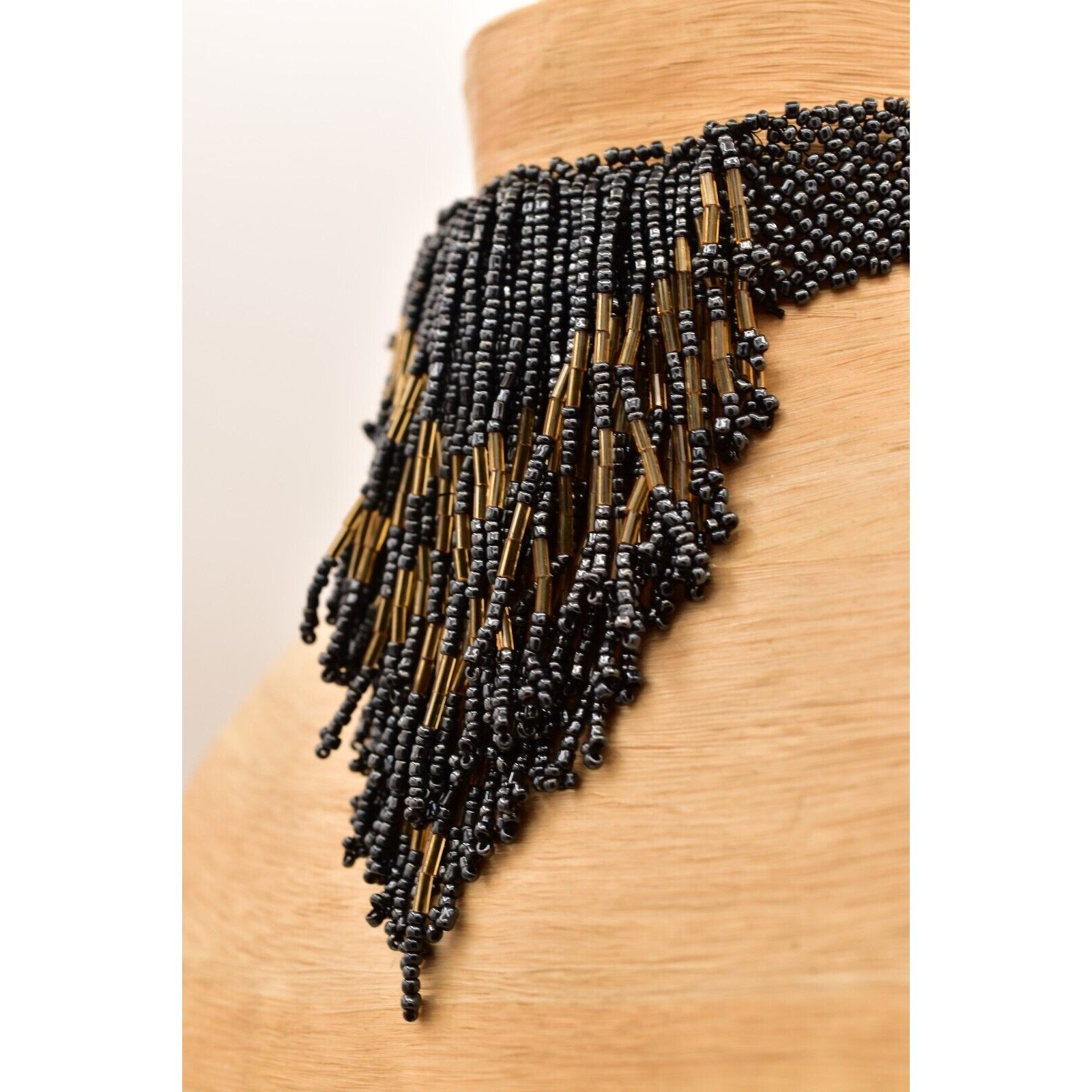 Vintage Statement Choker Necklace Fringe Bib Collar Beaded Gray Chunky 90s BinBE