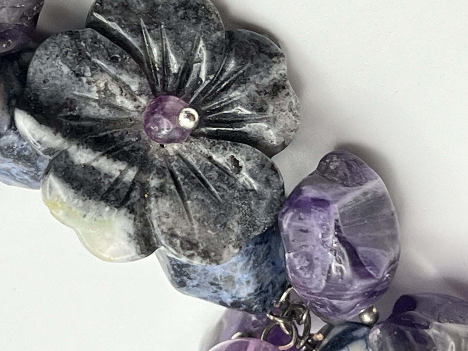 Amethyst Sodalite Purple Blue Flowers Beaded Bracelet Charm Wide Adjustable