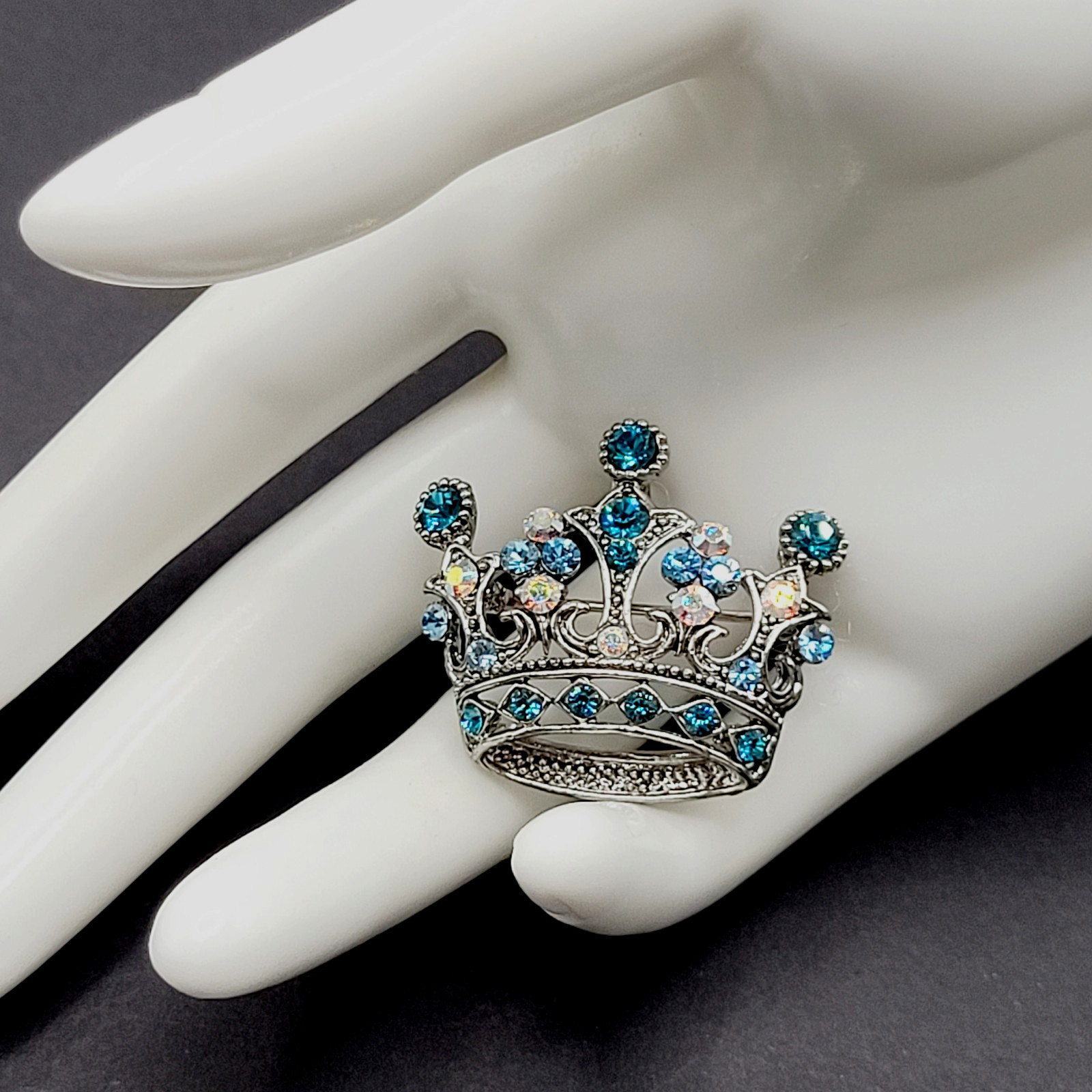 Regal Royal Queen Crown with Light Blue Rhinestone Silver Tone Pendant Brooch