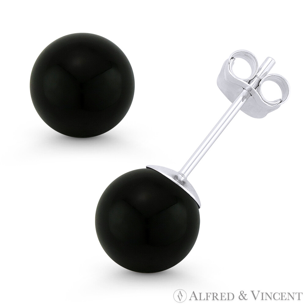 3mm-8mm Black Onyx Ball Studs 14k 14kt White Gold Pushback-Bell Stud Earrings