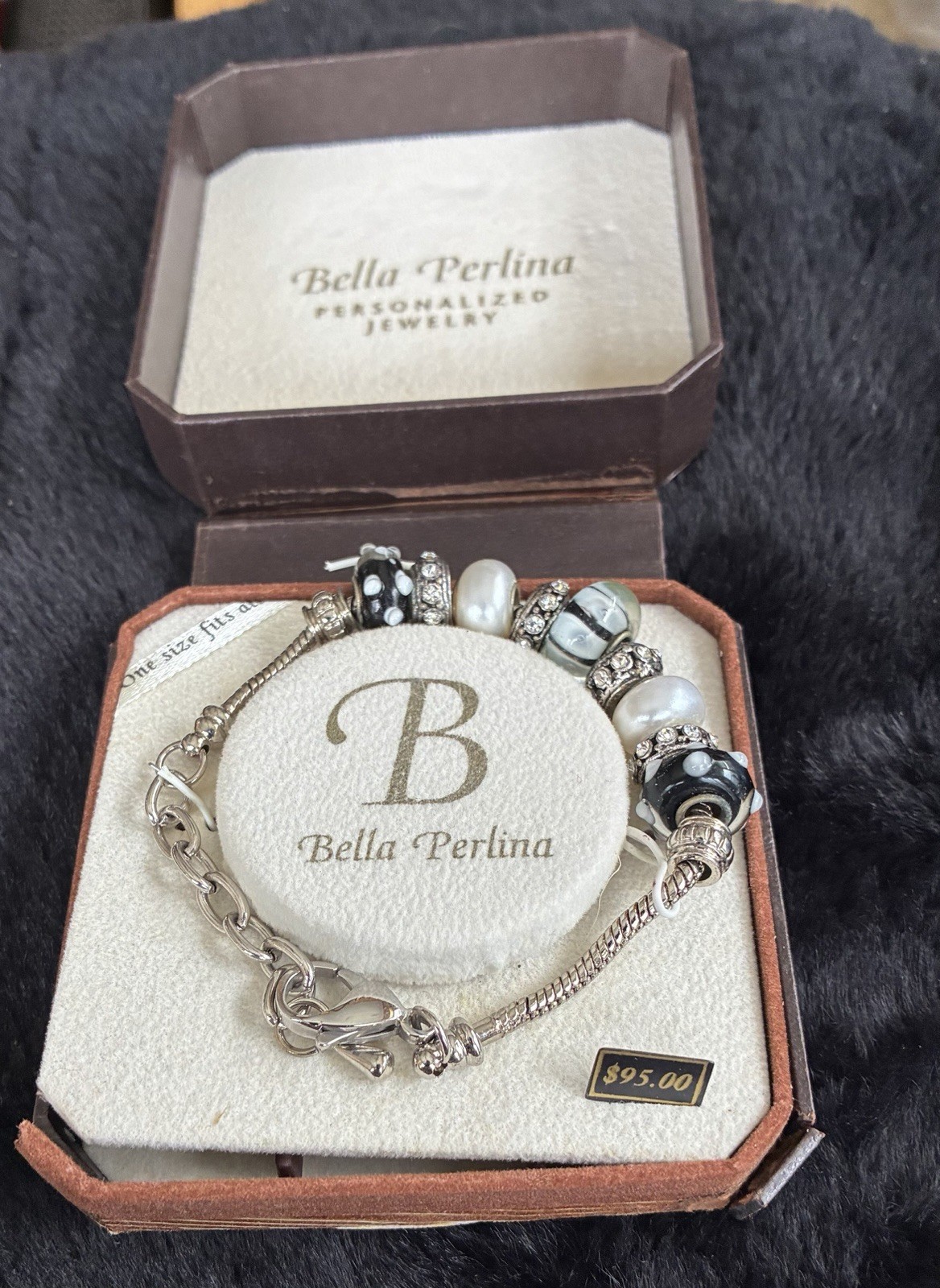 Bella Perlina Charm Crystal Bead Bracelet pearl Rhinestone Silver Tone New $95