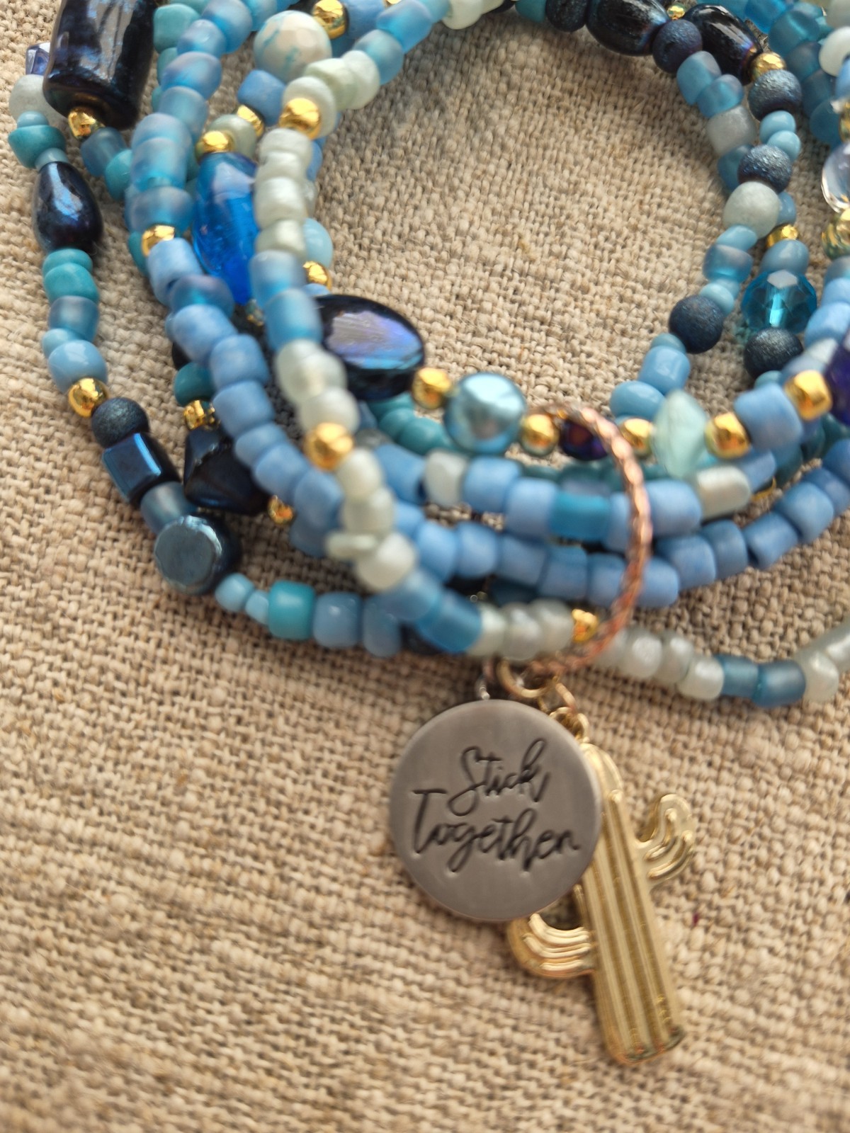 Blue Multi-Strand Beaded Wrap Charm Bracelet “Stick Together” Dangle, Stackable