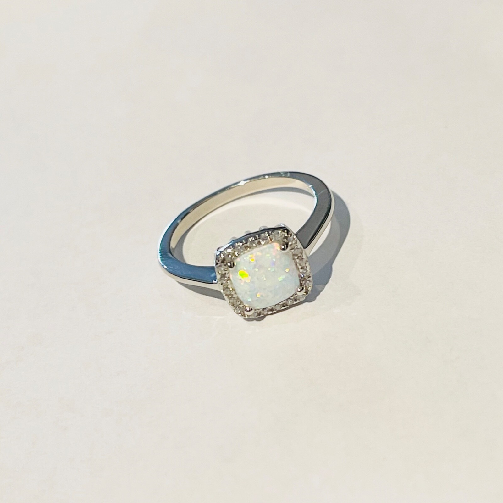 Sterling Silver Square White Lab Opal Ring, Silver Rings, CZ Ring, Wedding Ring