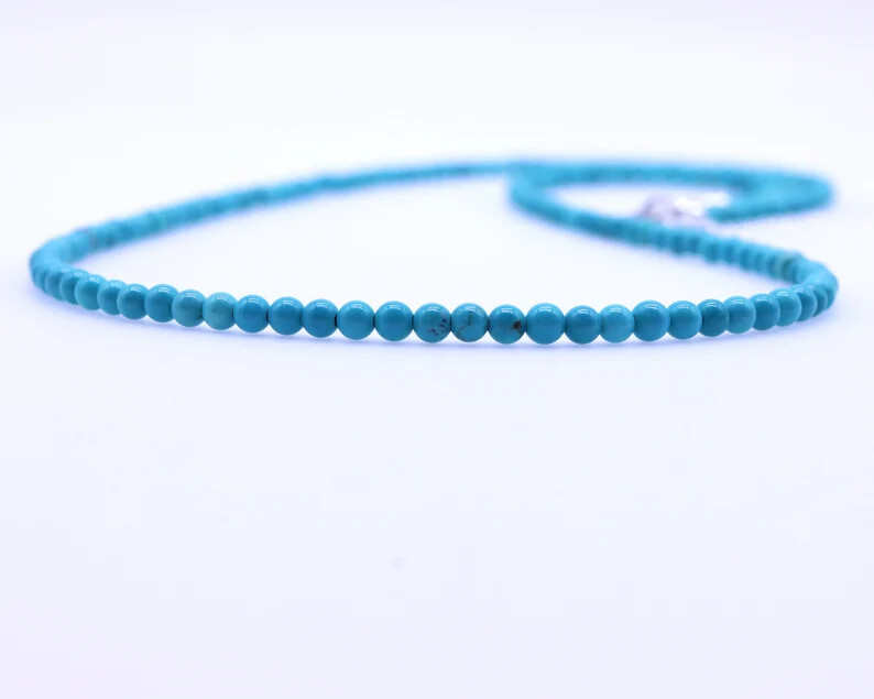 3.5mm small Kingman Arizona Blue Turquoise Beaded Gemstone Tiny Gem Necklace
