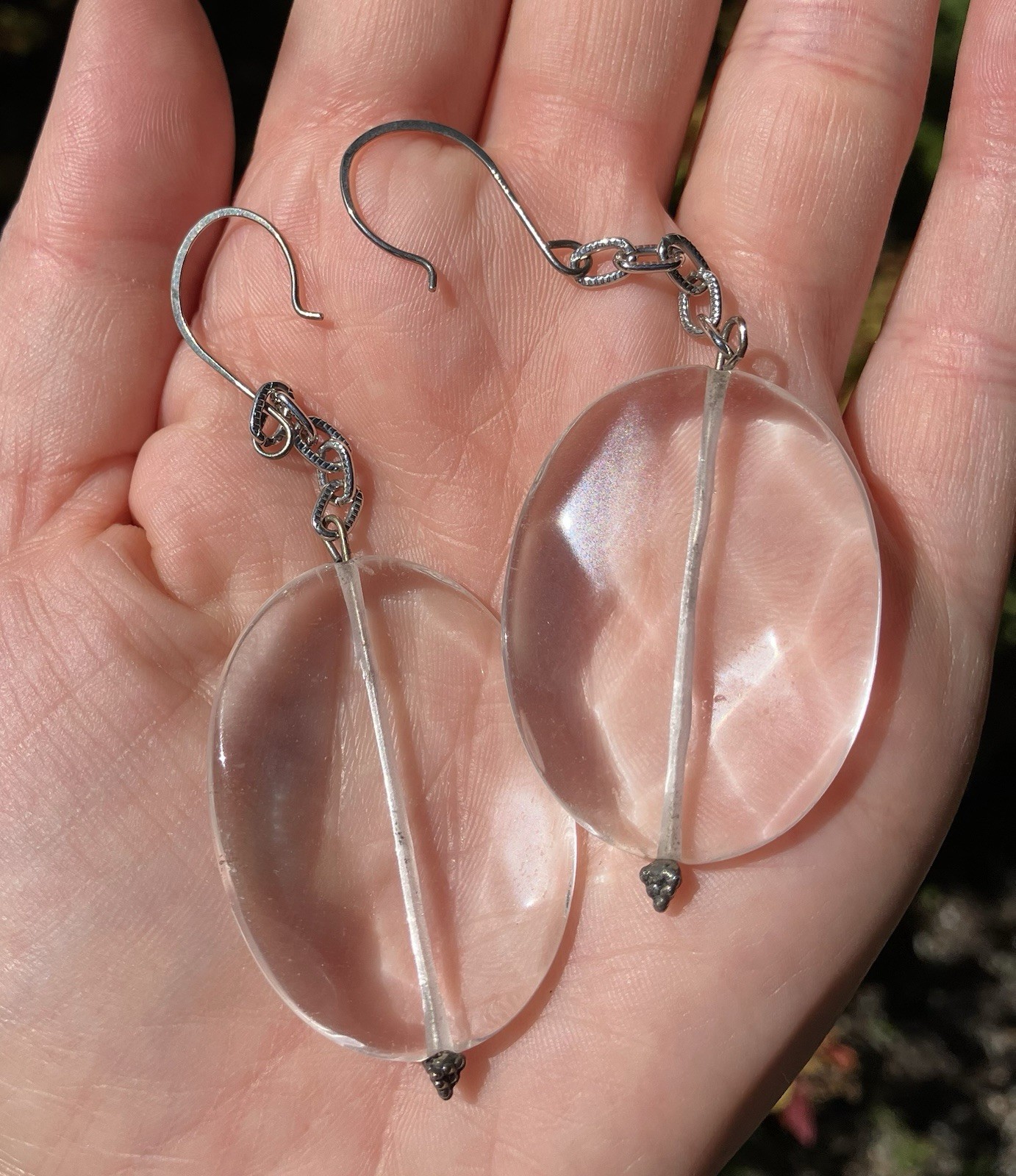 Round Faceted Clear Quartz Dangle Earrings, Artisan made, 3.5 inches long