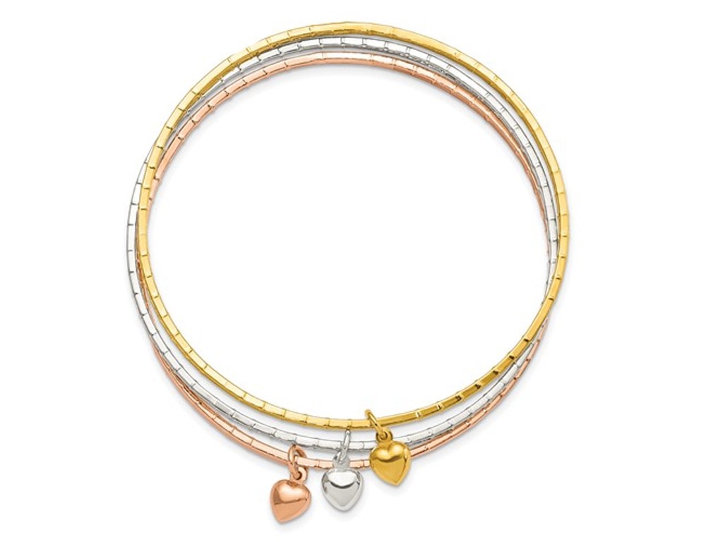 Tri-Color Puffed Heart Bangle in Plated Sterling Silver