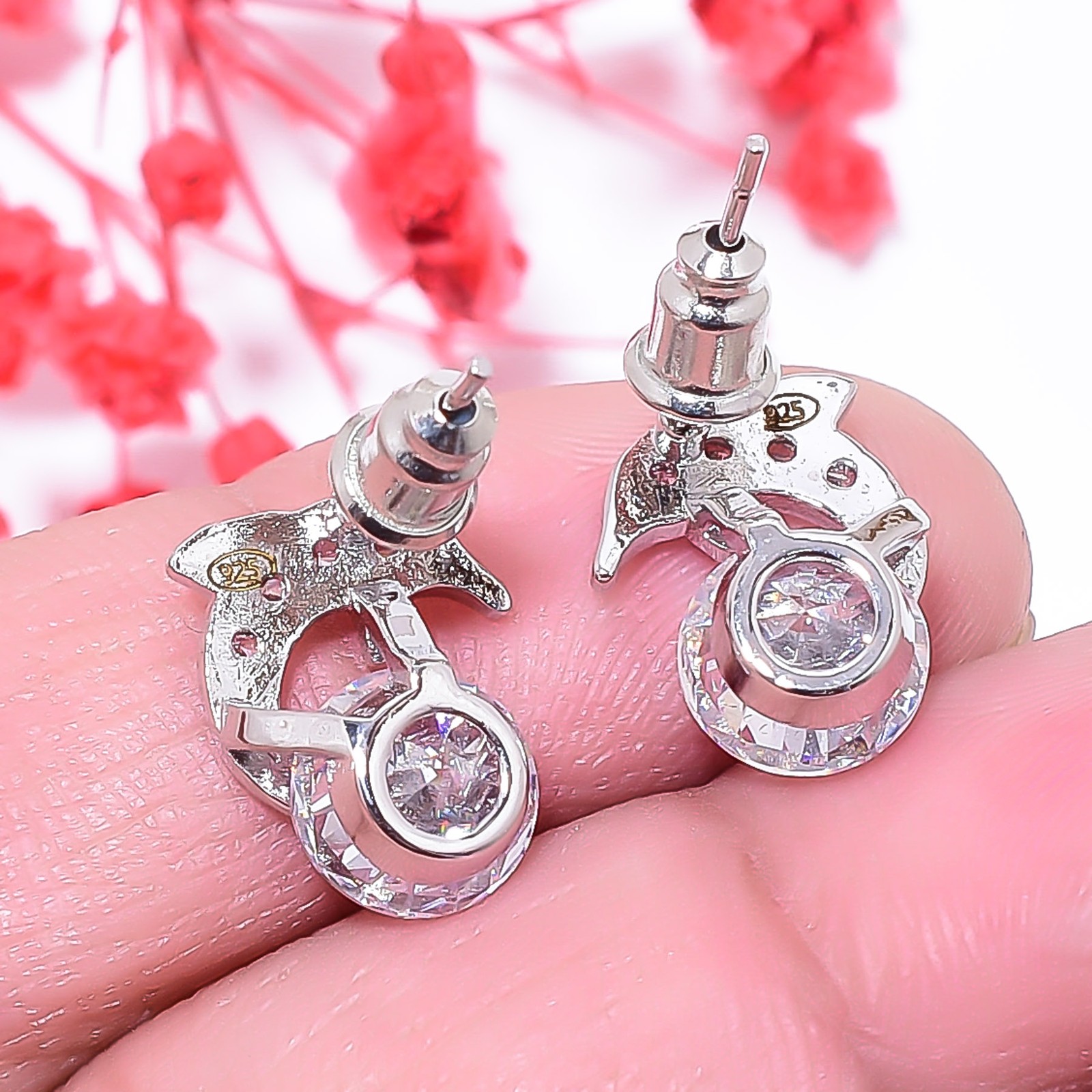 White Topaz & Cz 925 Sterling Silver Dolphin Studs 0.55″ E151816