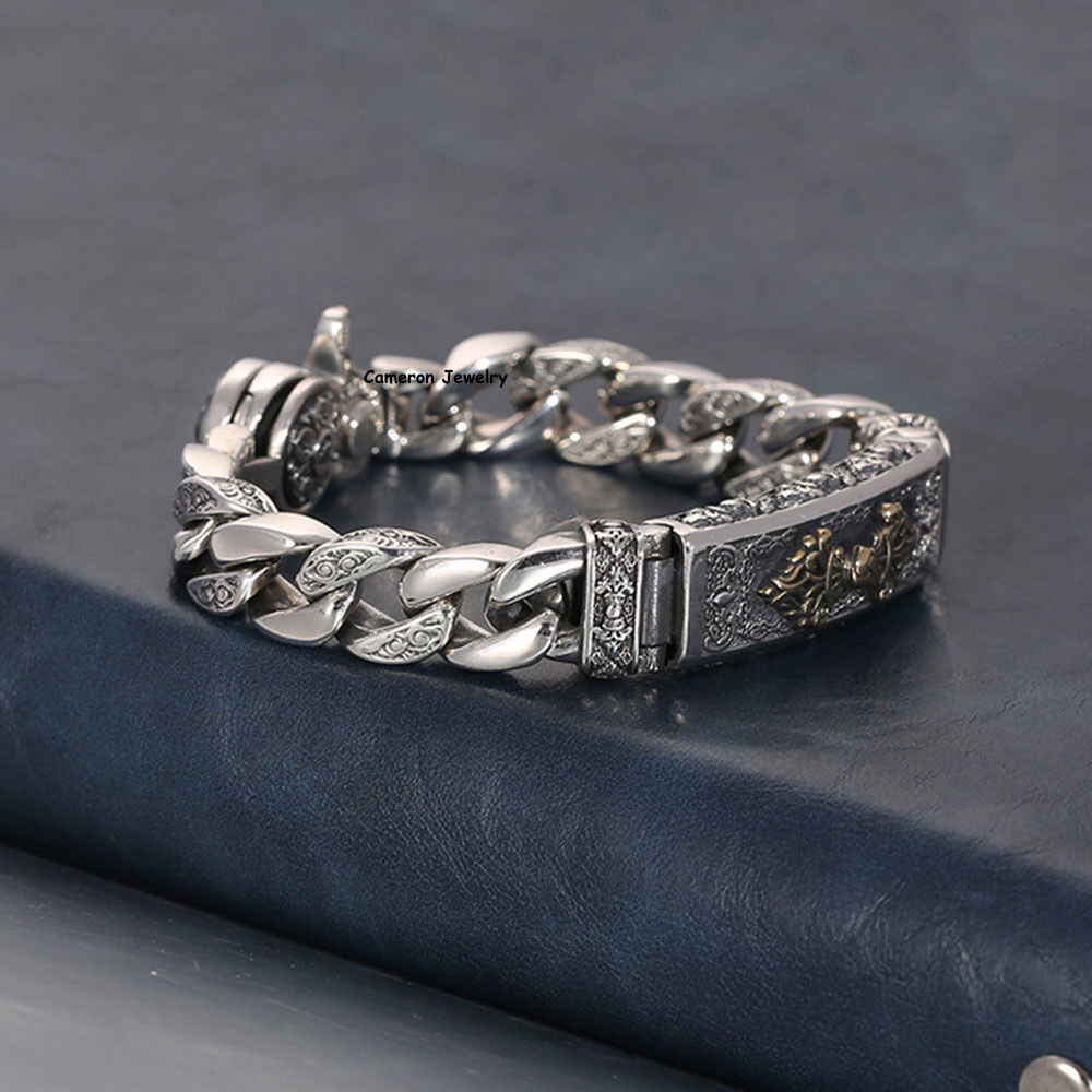 Solid 925 Sterling Silver Chain Vajra 11mm Six Words Curb Link Bracelet 7-8.7in