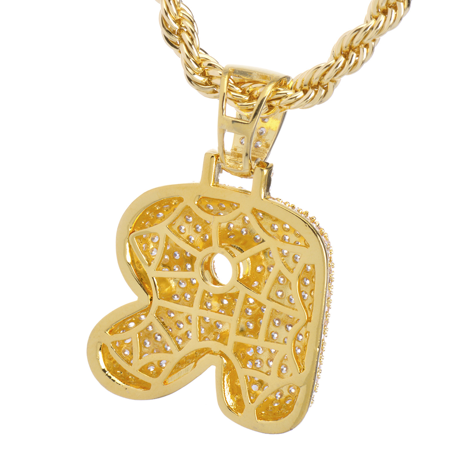 R Initial Custom Bubble Letter Gold Plated Iced CZ Pendant 24″ Chain Necklace