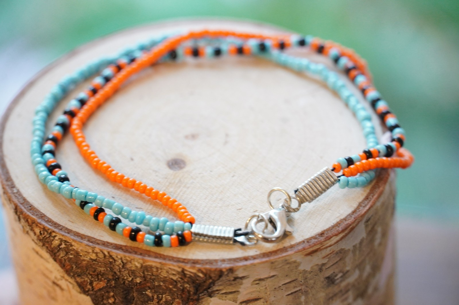 Multi-color Black, Blue, & Orange Glass Seed Bead 8″ Bracelet