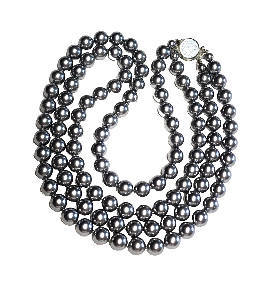 Vintage Silver Gray Long Faux Glass Pearl Necklace Pretty Push Lock Clasp 22”