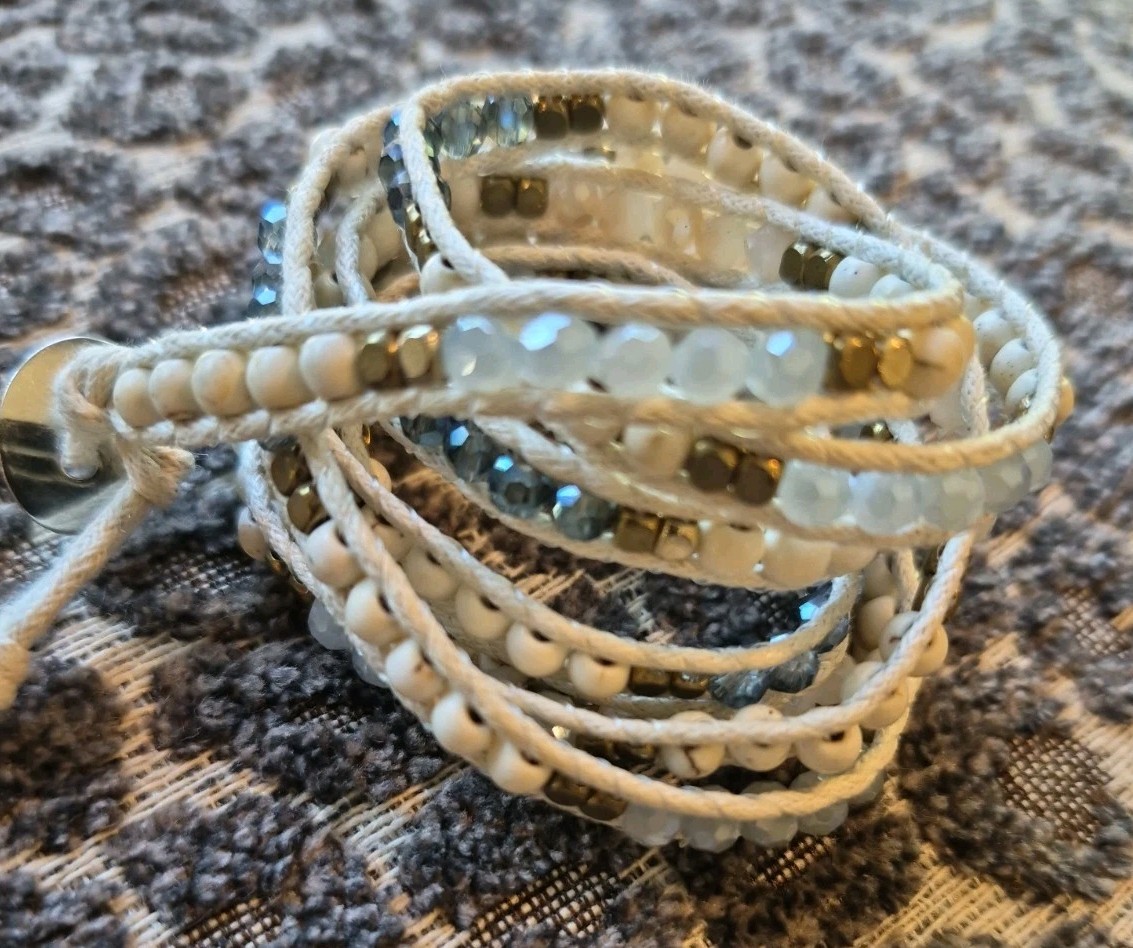 Liv Thai Boho Blue, Cream, Gold, & Gray Hues Faceted Bead Wrap Bracelet