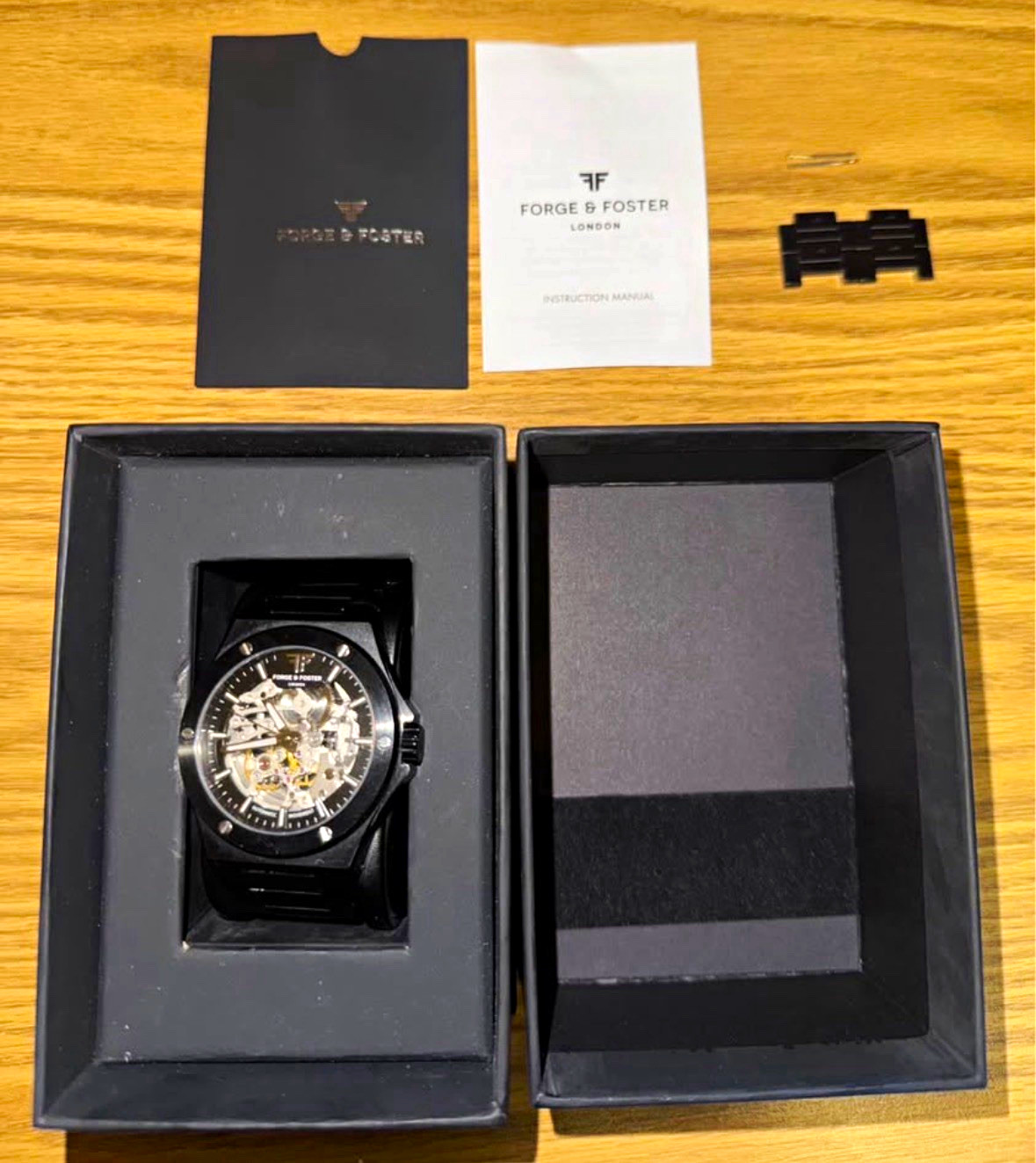 Forge & Foster London Automatic Skeleton Dial Men’s Watch Black Rubber Strap
