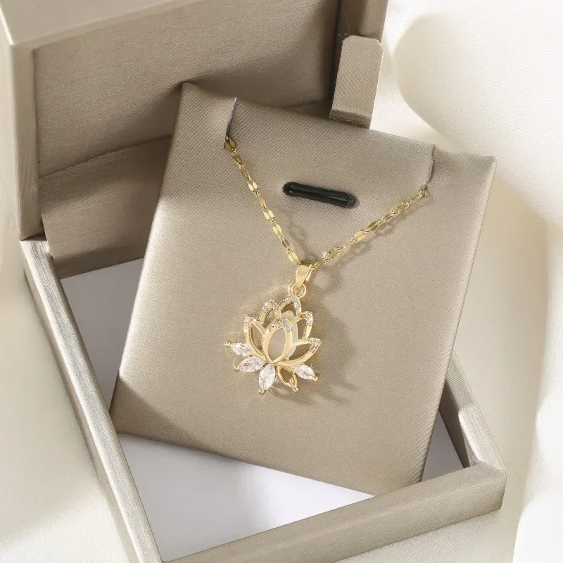 1 PC High-quality 18k Gold Electroplated Fashion Cat’s Eye Stone Lotus Necklace