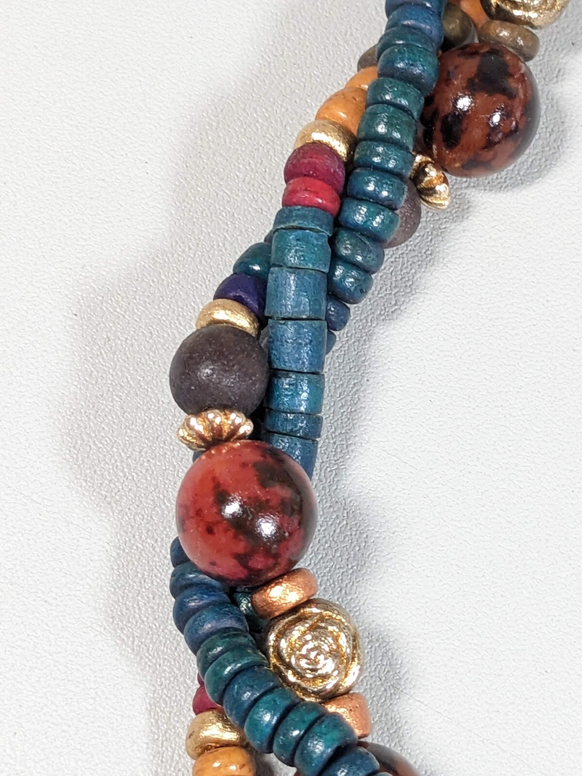 Vintage Gold Tone Green Blue Brown Wood Twist Necklace 24 inches