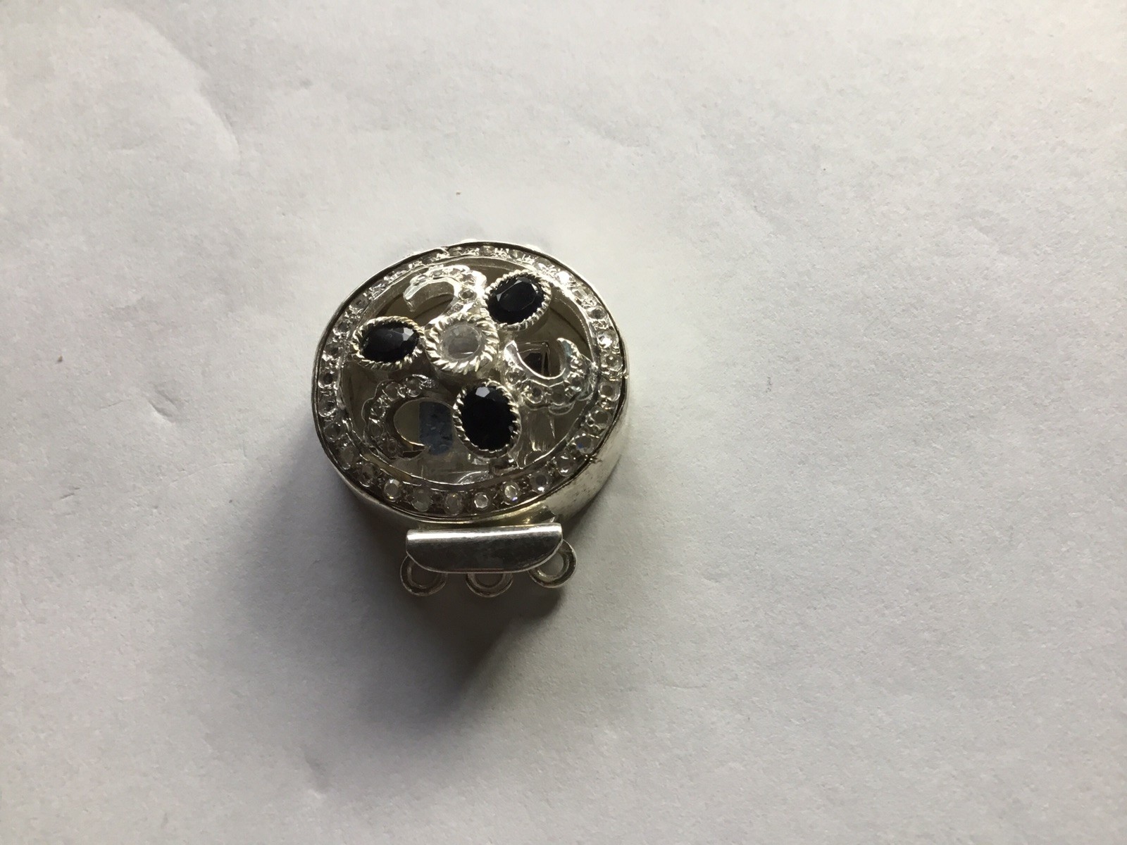 Silver plated brass ,box-tab Clasp for Jewelry w/dark blue sapphire & clear CZ