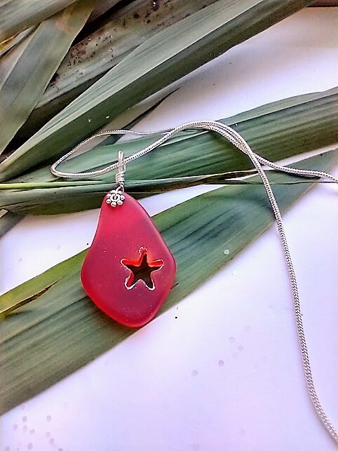 Hand Carved Starfish Red Sea Glass Pendant Silver Necklace 18″