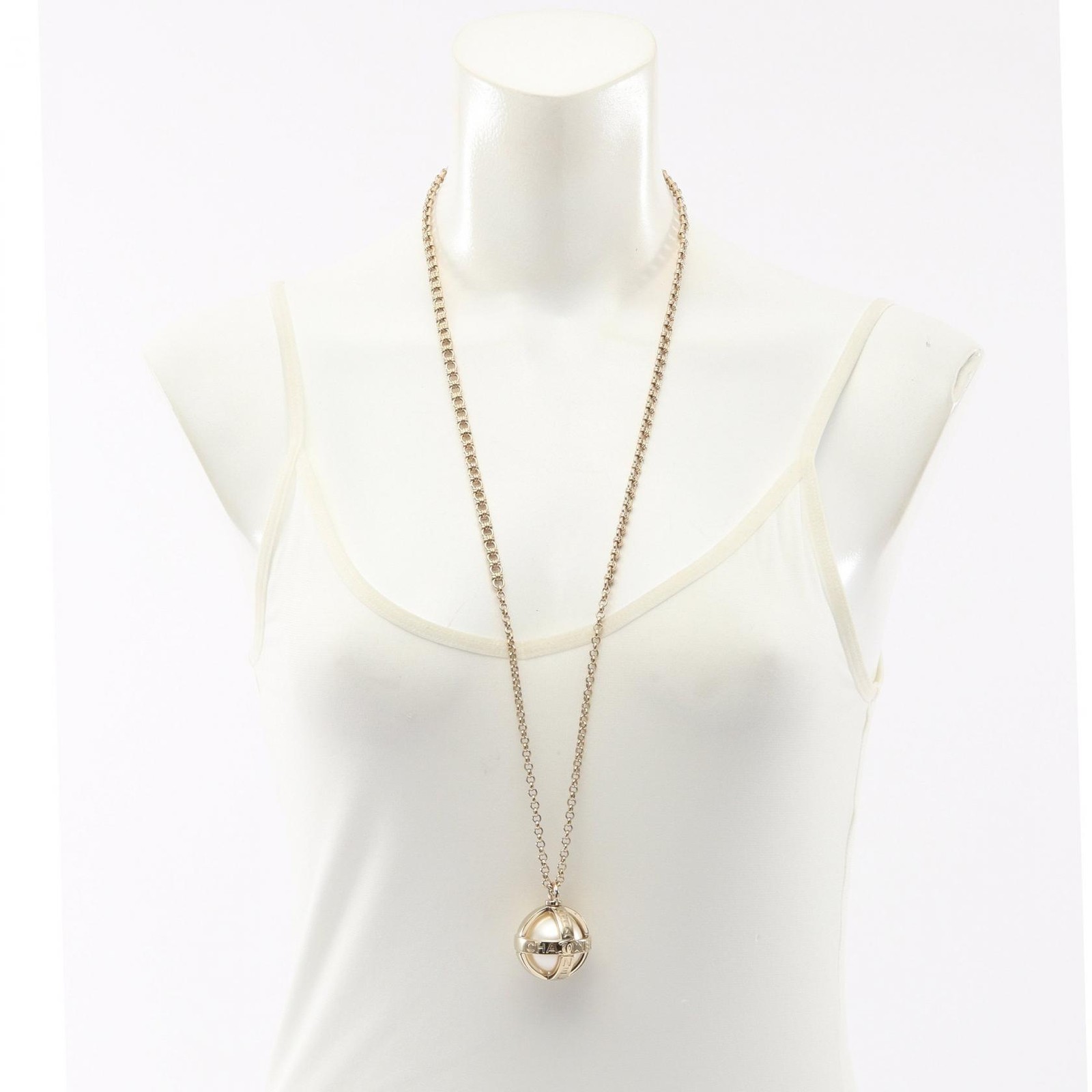 CHANEL COCO Mark logo Necklace Gold Plated Artificial pearl White Used Women CC