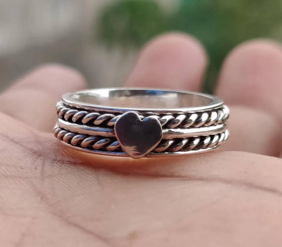 Handmade Vintage Twisted Rope Design Ring 925 Sterling Silver Heart Fidget Ring