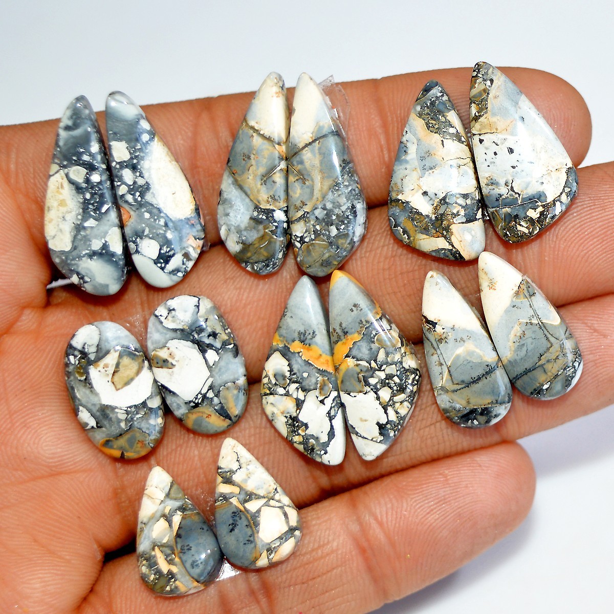 7 Pairs 126 Cts Natural Maligano Jasper Cabochon Gemstone 25×9 15x10mm #17863