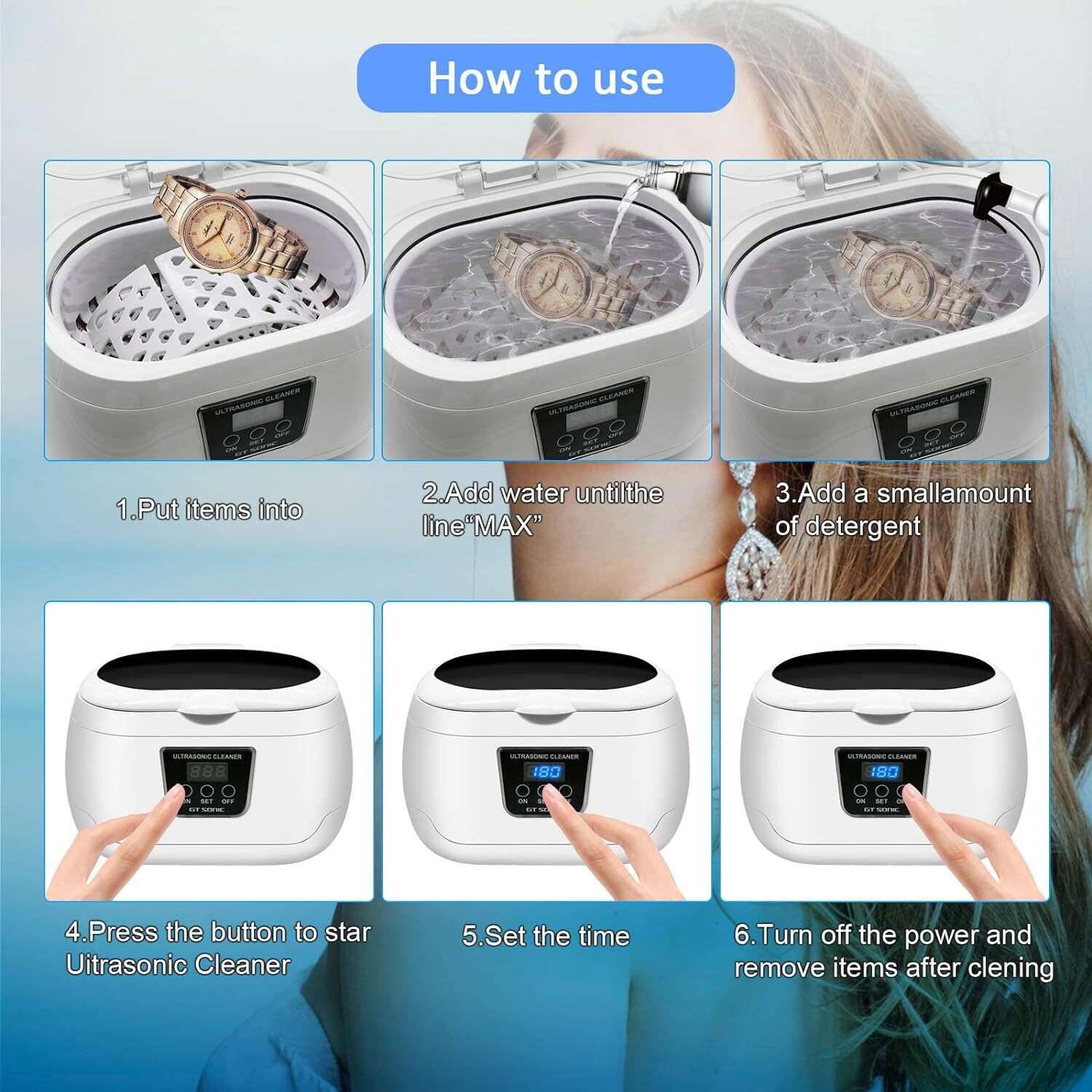 Ultrasonic Cleaner Portable Ultrasound Jewelry Watch Glasses Cleaning Machine US