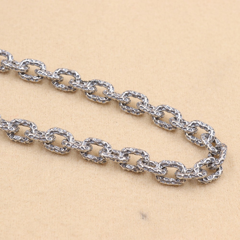 Real 925 Sterling Silver 6.5mm Hammered Cable Chain Necklace 21.6″L Jewelry Gift