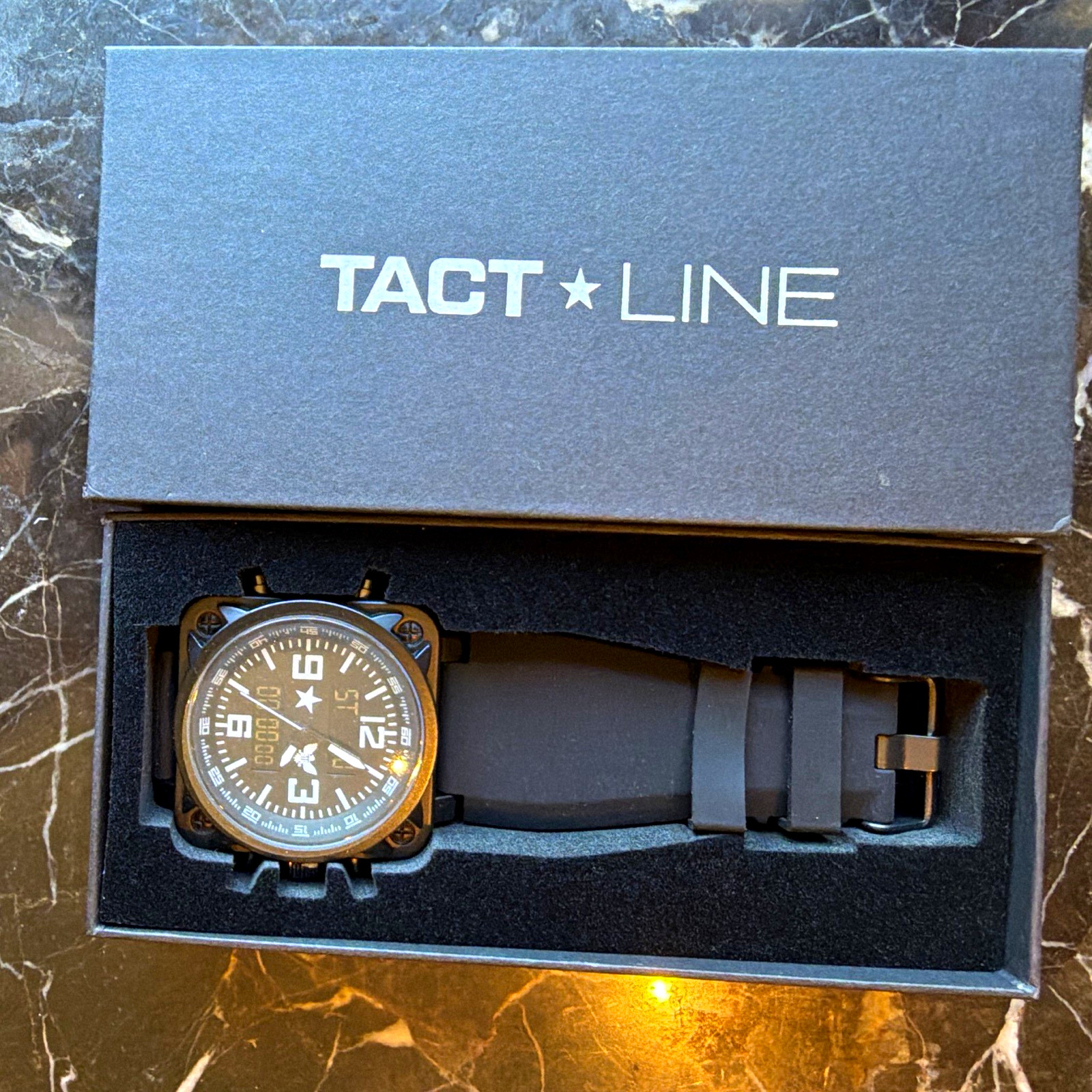 TACT LINE Tactline Analog/Digital Quartz SS Square Black Strap w/ Box