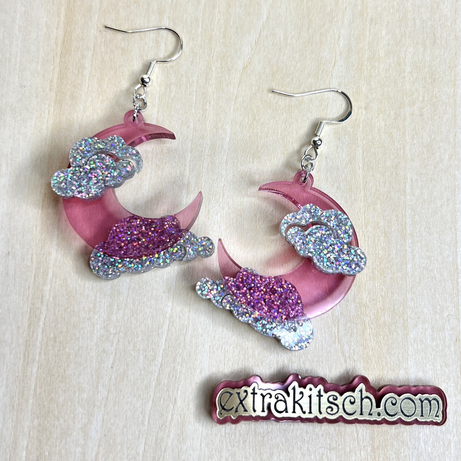 Crescent Moon Earrings – Pink Acrylic Moon With Silver Glitter Clouds