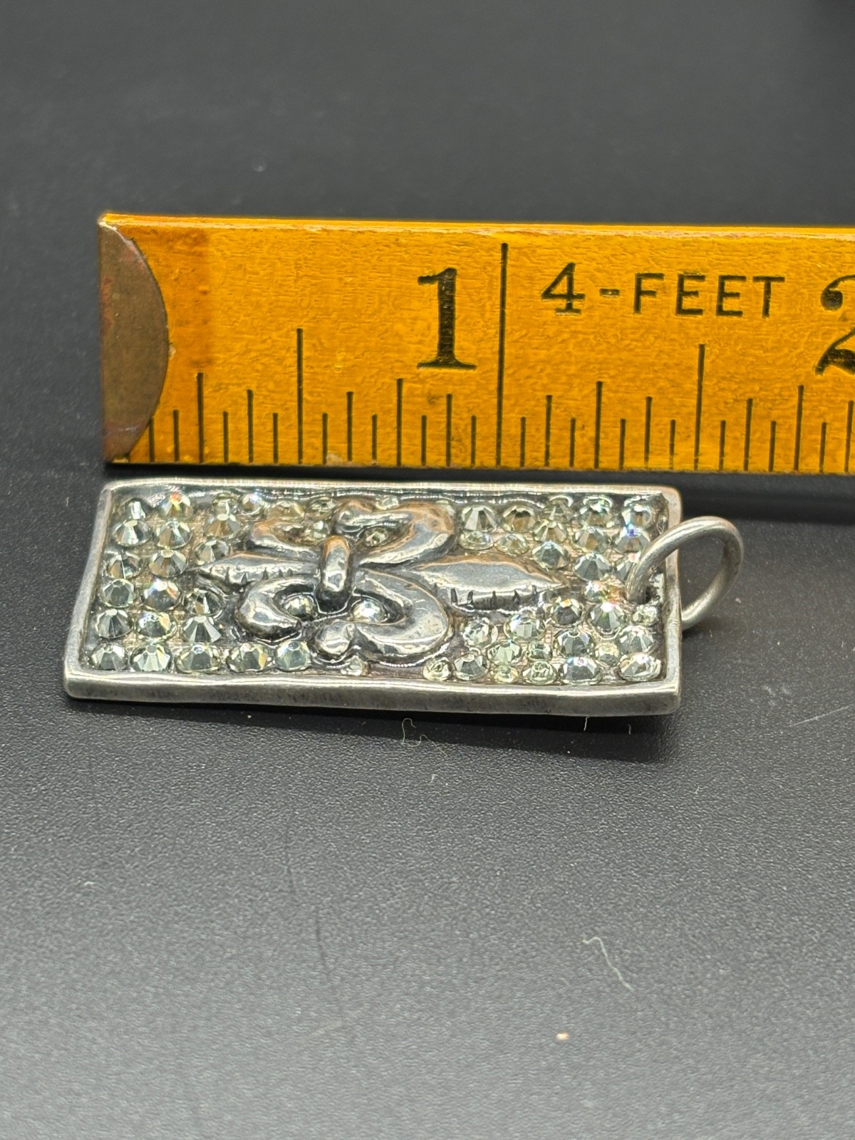 Hetz 925 Sterling Silver Fleur De Lis w/pave’-set stone Dog Tag Pendant 12.30 gr