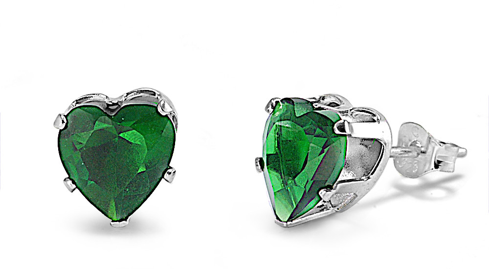 Simulated Emerald Heart CZ Sterling Silver Stud Earrings Nickel Free NEW