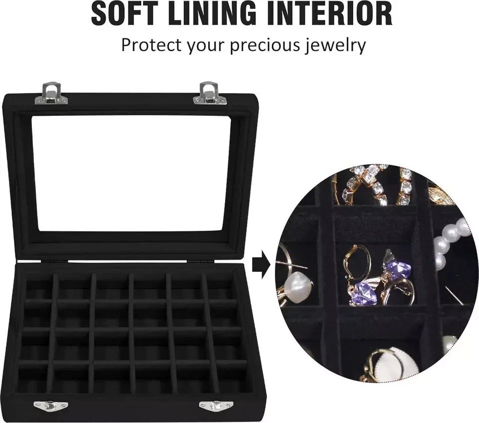 Velvet Jewelry Box 24 Grid Jewelry Ring Display Organiser Box Tray Holder Case