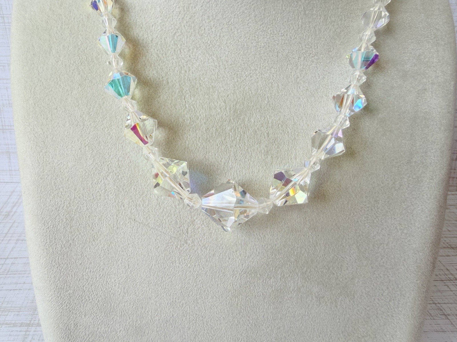 Vintage AB Aurora Borealis Crystal Bicone Bead Choker Necklace Jewelry