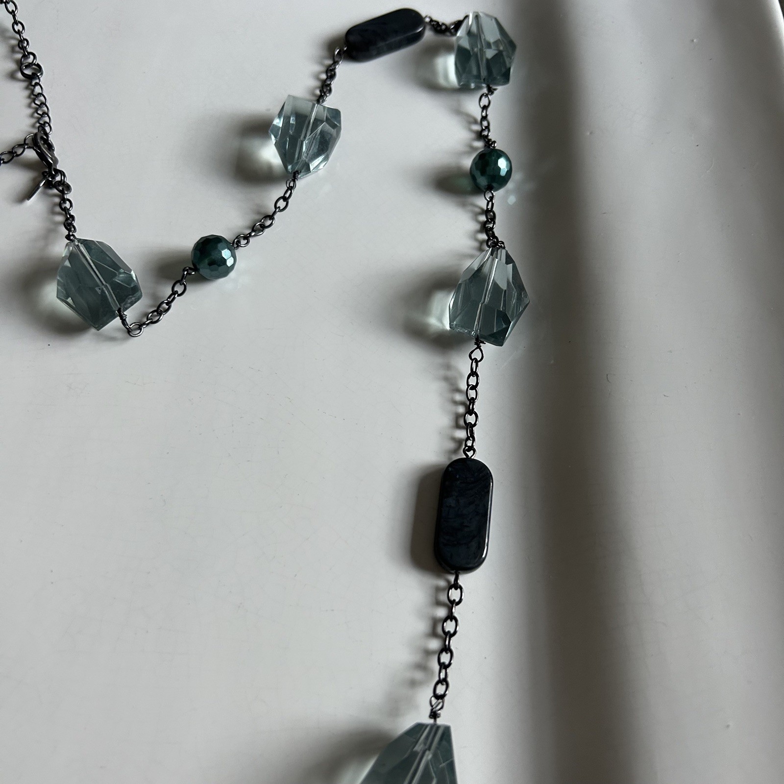 LIA SOPHIA 41″ bead Necklace gray teal blue faux pearl silver tone chain