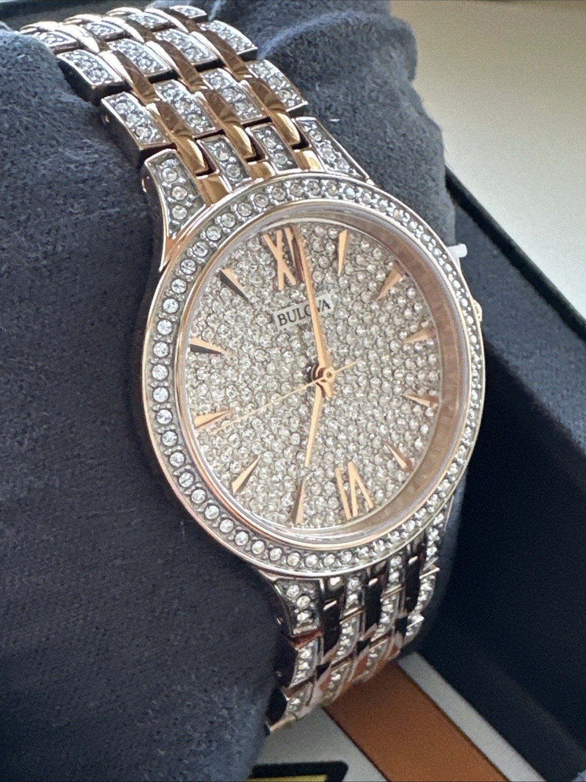 Bulova Quartz Women’s Pave Dial Crystals Rose Gold Watch 32mm 98L235