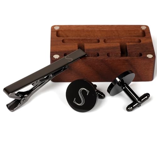 Mens Initial Cufflinks and Tie Clip A-Z Alphabet Letter Black Classic-S